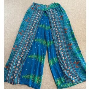 Boho Wide Leg Palazzo Pants Womens Small Blue Paisley Festival Flowy Beach